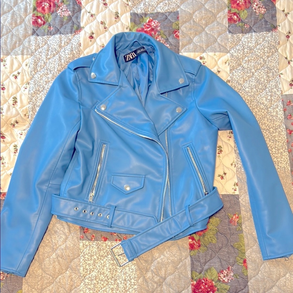 Zara Blue Faux Leather Moto Size M